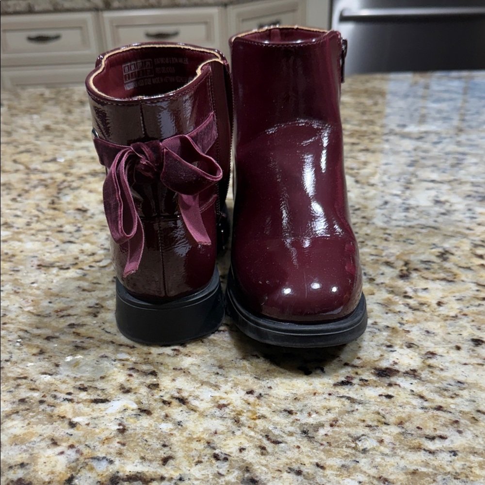 Patent Leather Ankle Boots with Back Bow - Burgundy